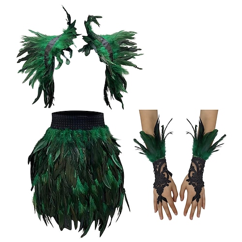 Karneval 2026 Rio Karneval Samba Zubehör 3Teile Damen Rot Feder Kostüm Set Gothic Schulterumhang Minirock Spitzenhandschuhe Brasilien Festival Aufführung Kostüm Image