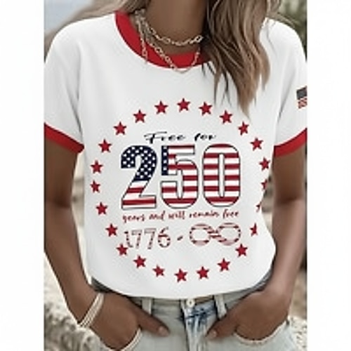 Unabhängigkeitstag Amerikanisches 250. Jubiläum Patriotisches Shirt Damen T-Shirt Grafik Flagge Vintage Stilvoll Klassisch Kurzarm Rundhals V-Ausschnitt Rundhals Reguläre Oberteile Täglicher Druck Image
