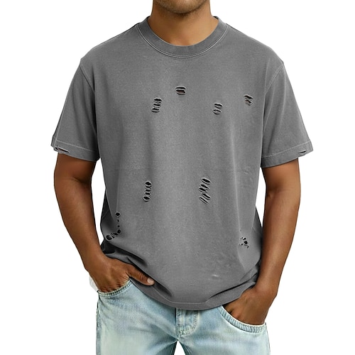 Herren T Shirt Hemd aus 100 % Baumwolle in Säurewaschung T-Shirt Kurzarm Rundhalsausschnitt Sommer Frühling Ganzjahres Einfach Vintage Mode Designer Gewaschen Loch Urlaub Straße Ausgehen Blau Schwarz Image