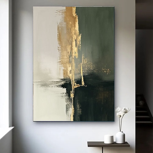 Handgefertigte, abstrakte grüne Wandkunst, minimalistisches Kunstwerk in Grün, Weiß und Gold, Ölgemälde, abstraktes Poster, Bild in Grün und Gold für die Heimdekoration Image