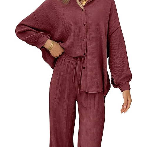 Damen Hosen-Sets Bolero-Oberteil Langarm Hemdkragen Einfach Gerafft Patchwork Elegant Warm Vintage Lässig Täglich Outdoor Wein Armeegrün Dunkelpink Herbst Lässiger Schnitt Image