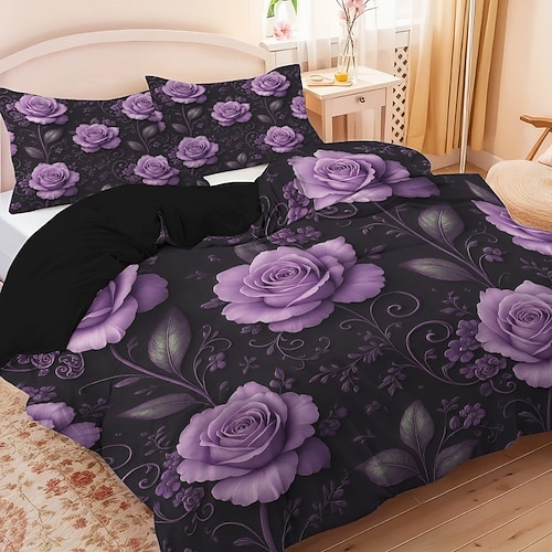 Bettwäsche-Set mit lila Rosen- und Schmetterlingsmuster im Hotelstil, bestehend aus einem Bettbezug und zwei Kissenbezügen aus weichem Plüschstoff (ohne Bettdecke). Image