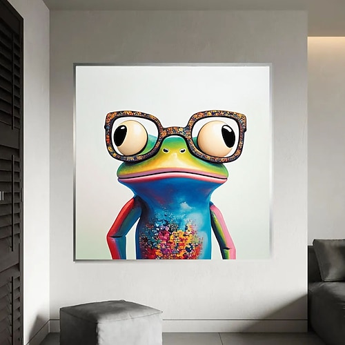Tier-Leinwandbild, Frosch-Wandbild, farbenfrohes Tier-Leinwandbild, lustiger Frosch mit Brille, Ölgemälde, moderne Kunst, Wanddekoration fürs Kinderzimmer Image