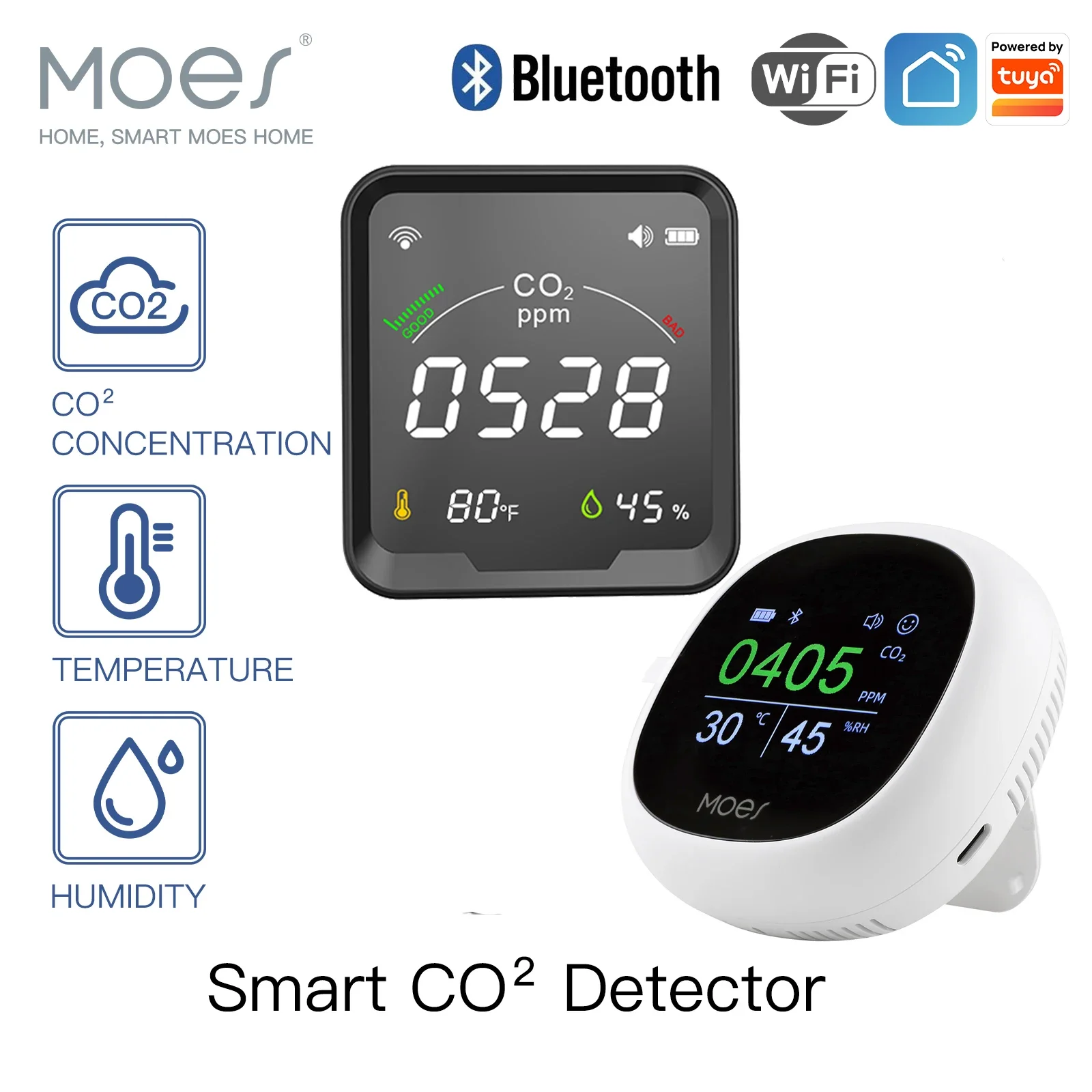 MOES Luftqualitäts-Kohlendioxid-Detektor mit Wecker, Temperaturüberwachung, Feuchtigkeitslufttester, WiFi/BT, Tuya Smart, 3 in 1, CO2 Image