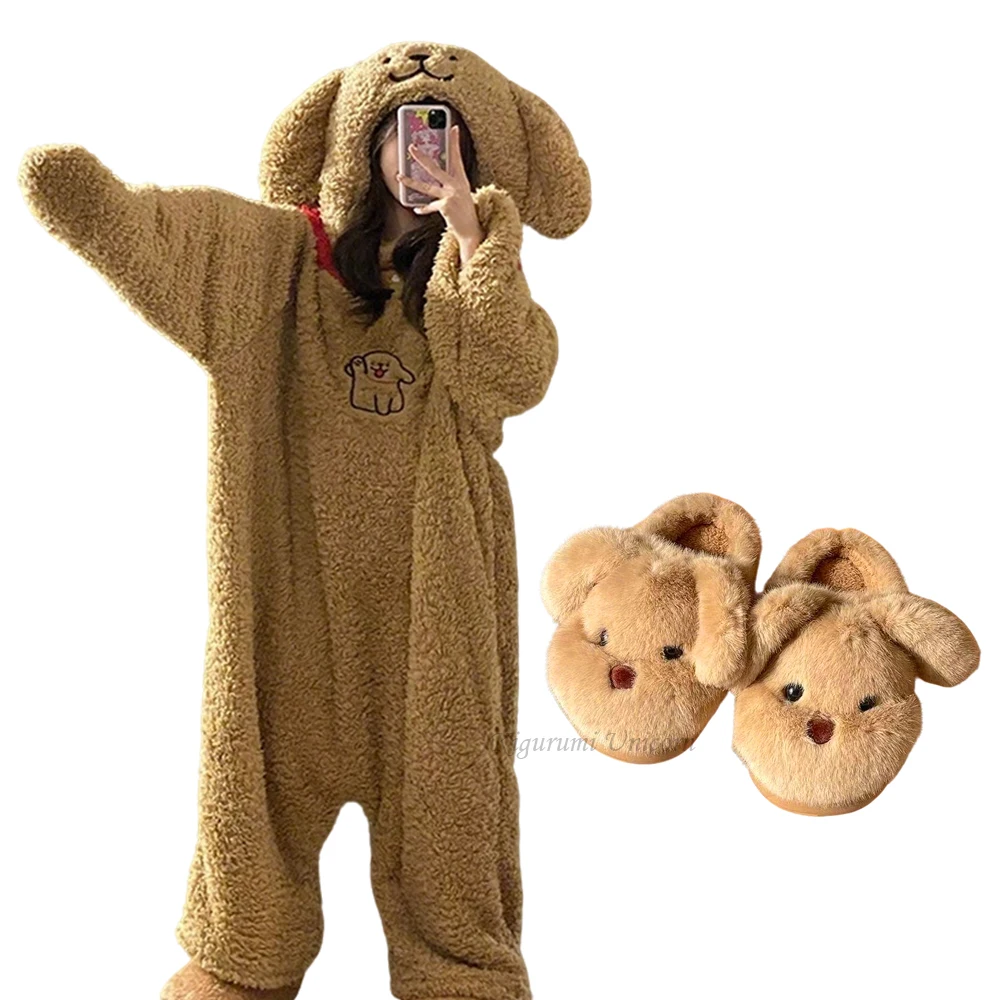 Winter Cartoon Brauner Hund Kapuzen Strampler Pyjamas Kigurumi Unicron Niedlich Langarm Reißverschluss Plüsch Neuheit Onesie Nachtwäsche Slipper Image