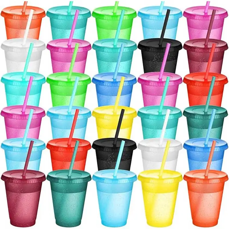 CupswithStrawsandLids KidsTumblerwithStrohhalm Wiederverwendbare Wasserflasche IcedCoffeeTravelBecher ErwachsenePlastikbecher fürPartys16oz Image