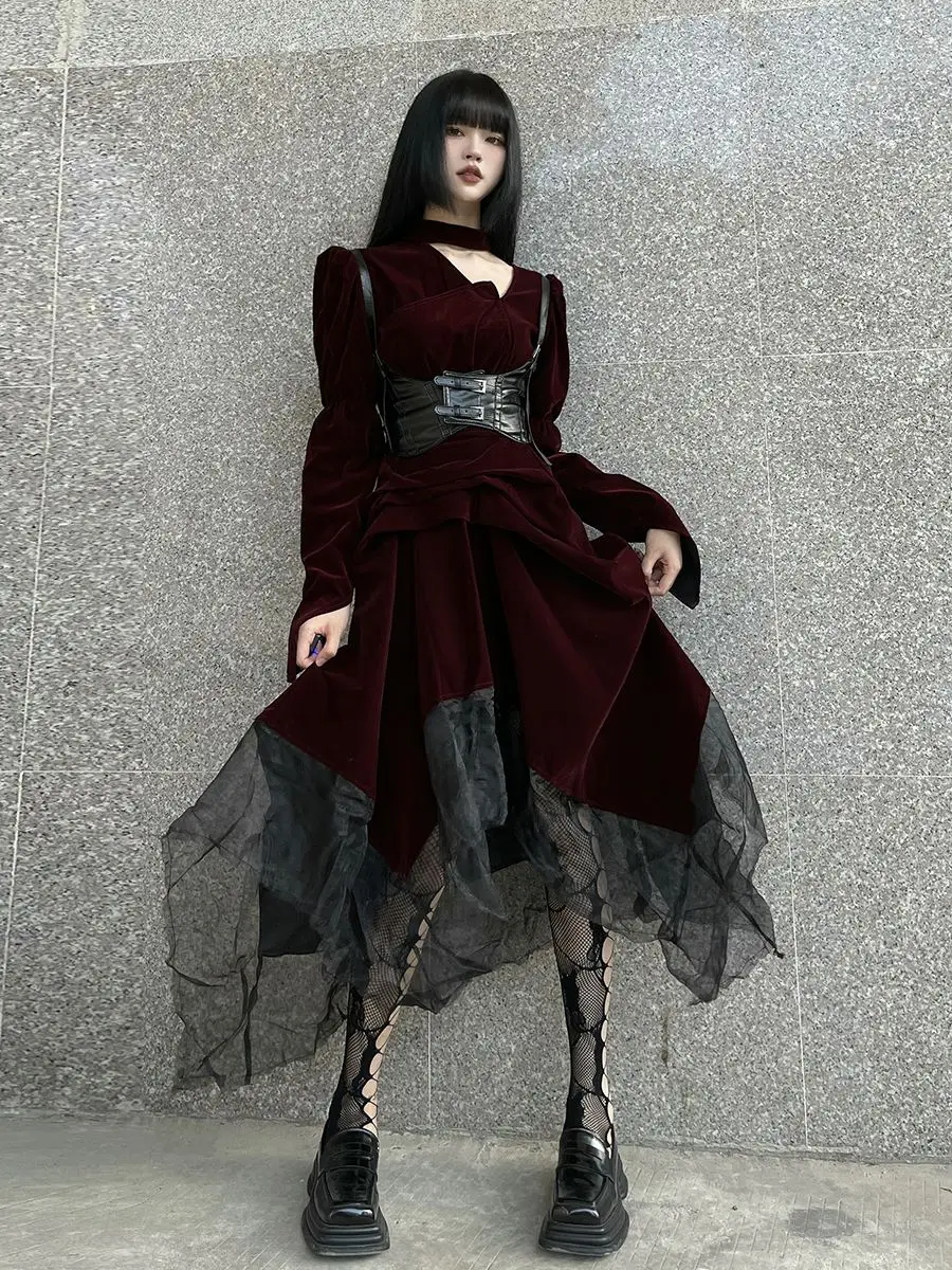Schwarzes Gothic-Kleid, Rock, Korsett, Damen, formelles Party-Outfit, Lolita, Gothic, ästhetisches Vintage-Abendkleid, Spitzendetail, elegant, neu
