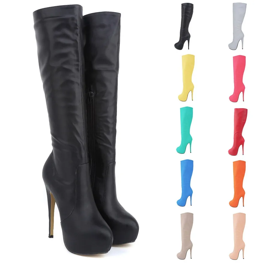 Große Größe 35-42 Leder Mode Damen Lange Stiefel Runde Kappe Schwarz Sexy Über Knie Oberschenkel Hohe Stiefel Frauen plattform High Heels Schuhe