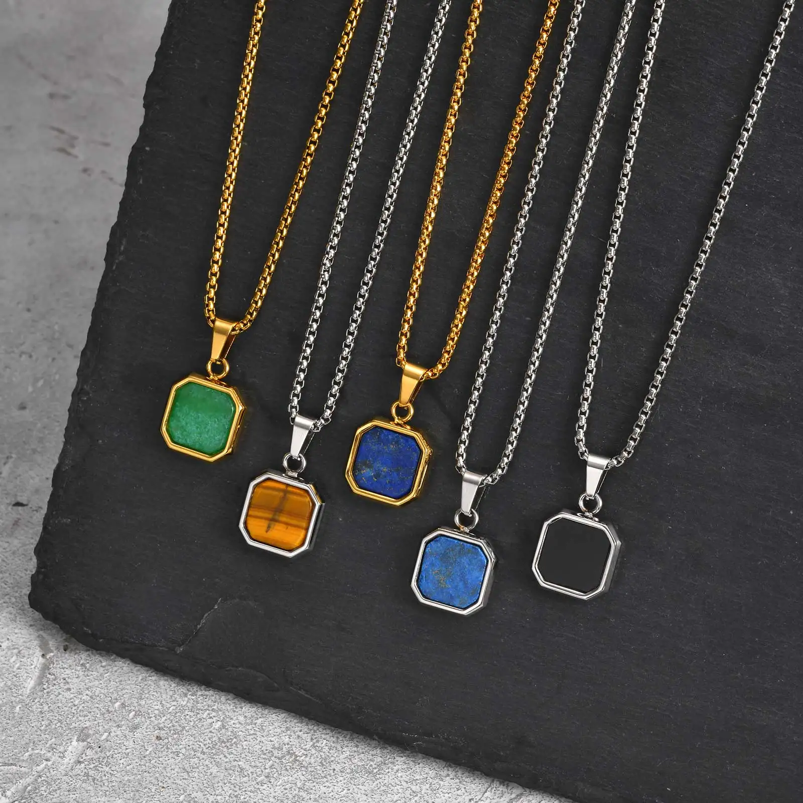 Mprain bow Herren quadratische Naturstein Halsketten, wasserdichter geometrischer Edelstahl Anhänger Kragen mit Box Kette Geschenke Schmuck Image