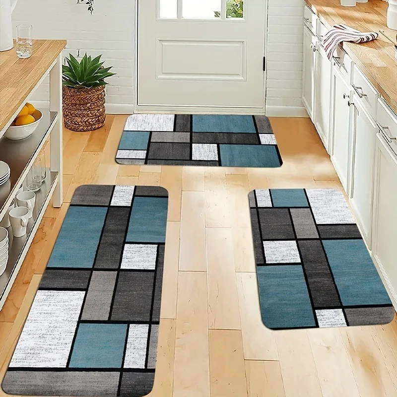 1PC Blue Grey Block Jigsaw pattern Kitchen Rugs Non-Slip Door Mats Pop Bedroom Rugs Bath Mat Carpet for Home Sink Laundry Decor