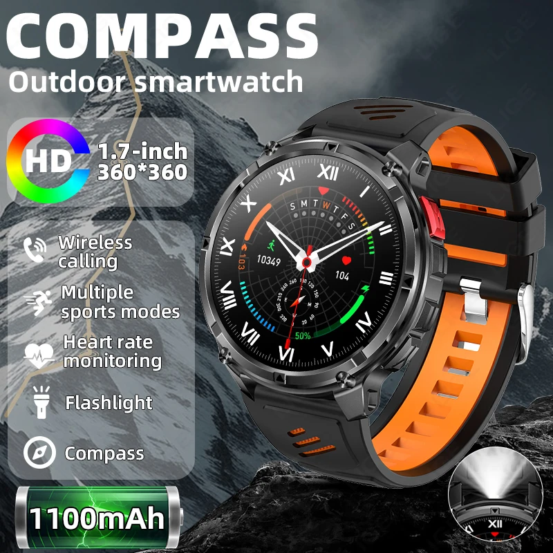 LIGE Neue Gesundheit Smartwatch 1000 mAh Batterie LED Taschenlampe Kompass Smart Uhr Mann BT Anruf Sport IP68 Wasserdichte Smartwatches männer Image
