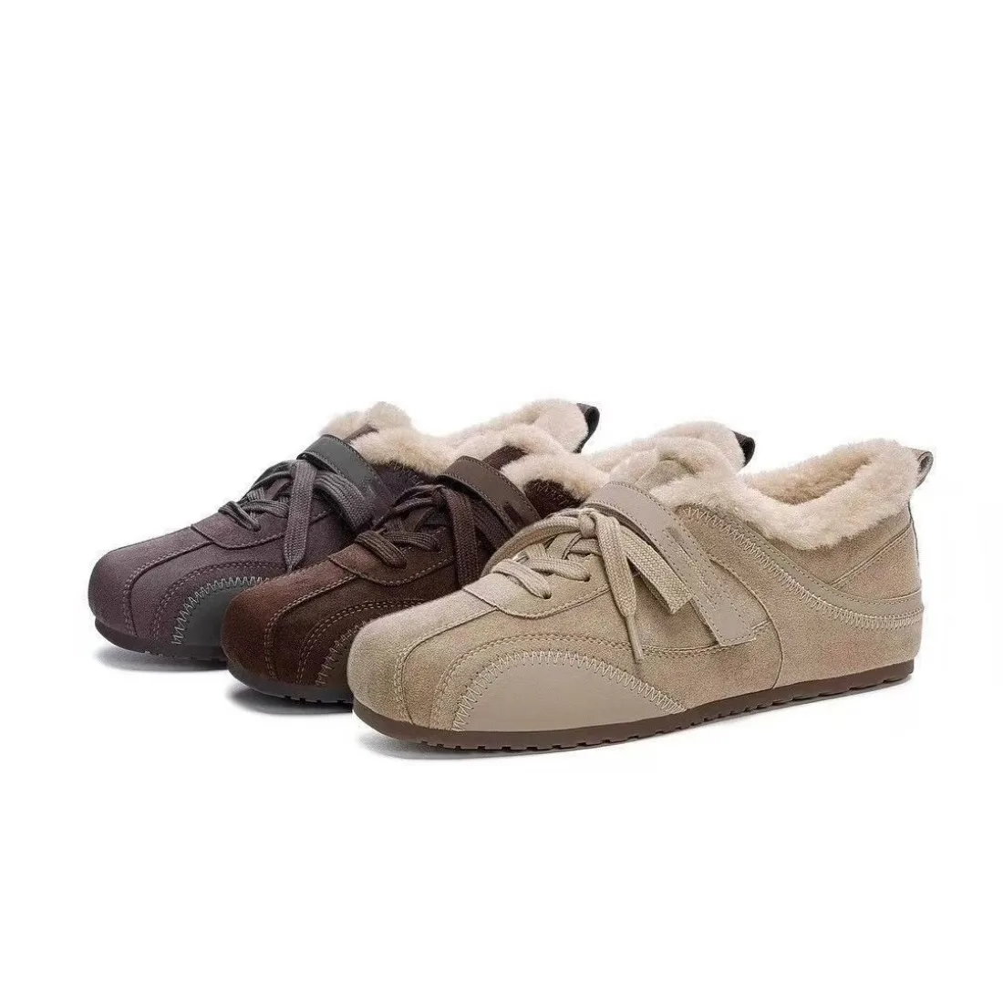 Flache Schnür-Plüschschuhe für Damen, 2025, Winter, neue Vintage-Schuhe mit weicher Sohle, warme Schuhe mit 3 cm Innenhöhe, Erhöhung der Größe 35–40