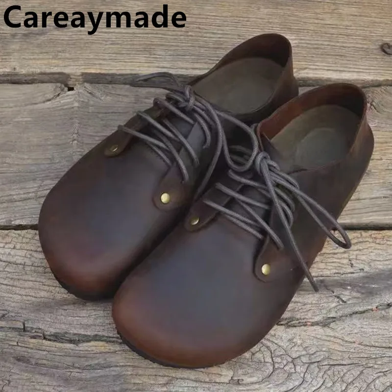 Careaymade-Echt leder Damen Einzels chuhe Kork Low Top Schuhe verrücktes Pferd Rindsleder Retro Big Head Flache Schuhe Größe 35-45