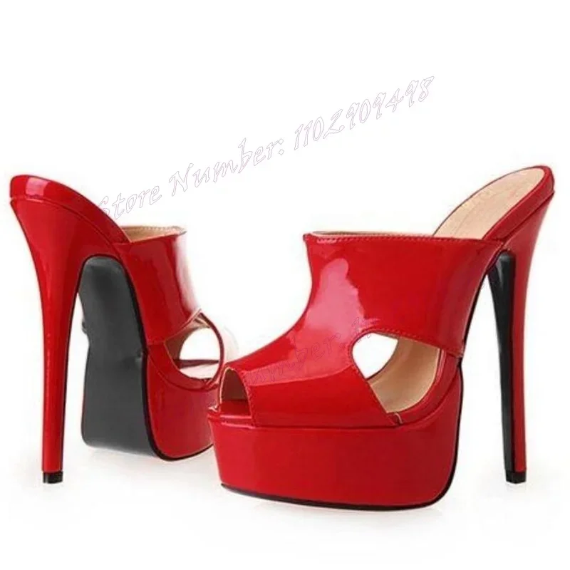Rote Peep Toe Plattform Hausschuhe Patent Leder Cut Heels Schuhe für Frauen Dünne High Heels Sexy Dame Schuhe 2024 Zapatos para Mujere