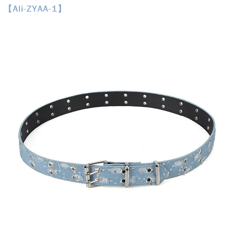 【ZYAA-1】1 Stück Luxusgürtel Schwarz Punk Zubehör Blauer Denim-Gürtel HipHop Y2k Stern ausgehöhlter Dornschließe-Bund, für Männer Frauen Image