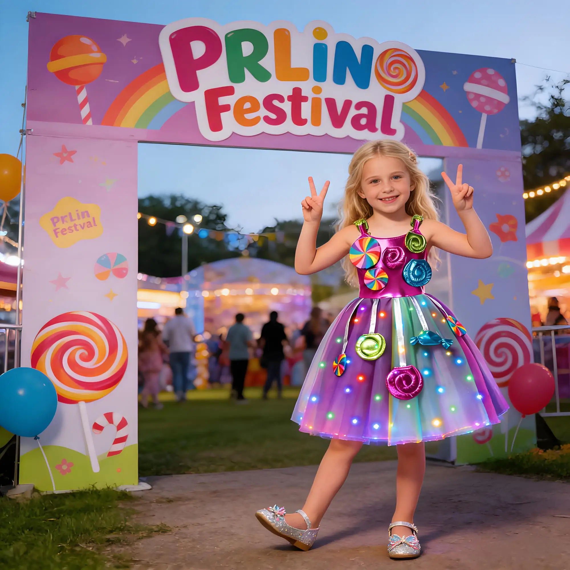 2026 Purim Lollipop Mädchen Party Kleider Ausgefallene Mädchen Kleider Karneval Party Glow Rock Kinder Regenbogen Weste Candy Kleid