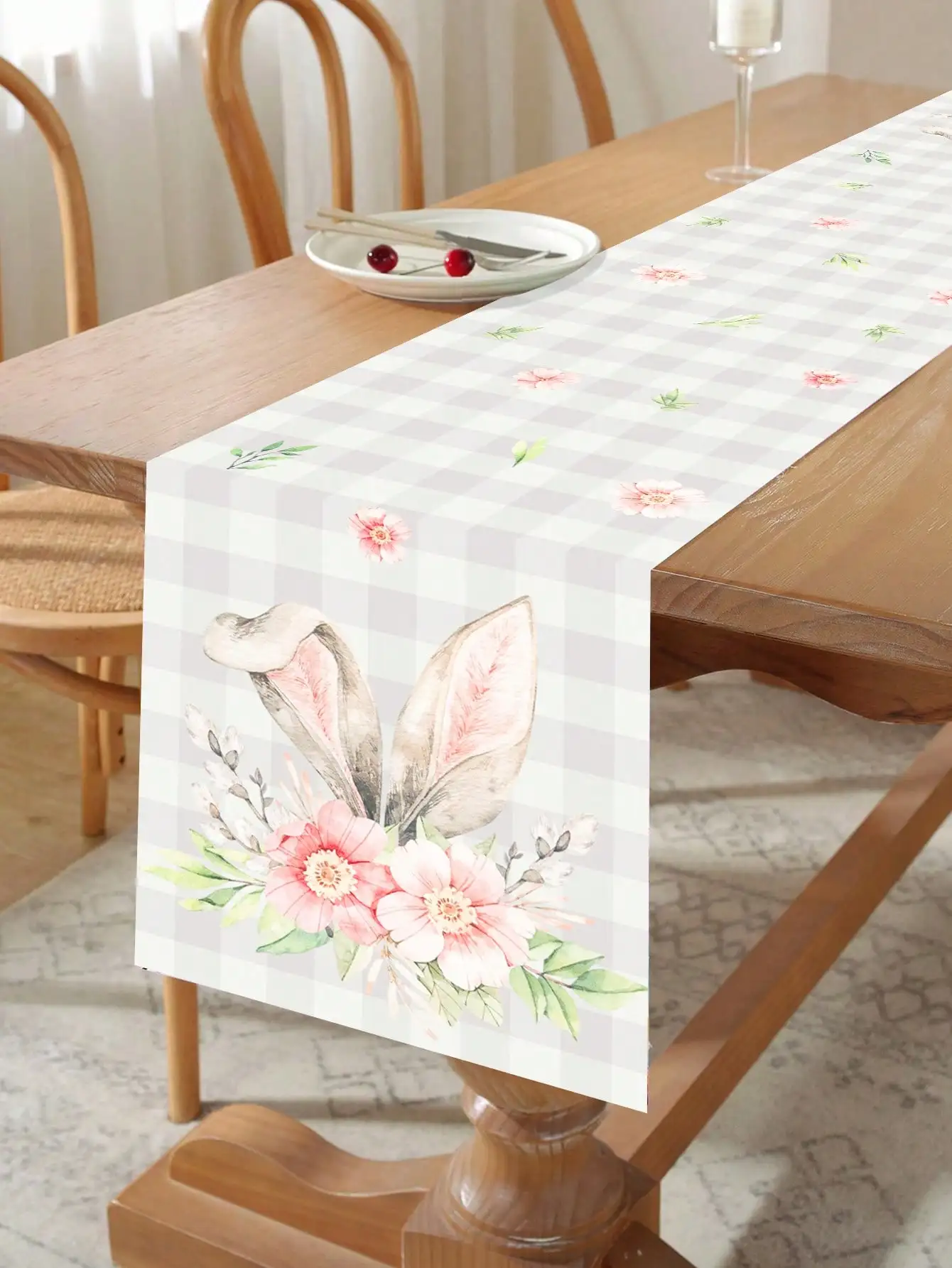1-teiliger Tischläufer mit frischem Karomuster und Blumenmuster, Esstischdekoration im pastoralen Stil, langer Tischläufer, Tischläufer für Ostern, Tischdekoration mit Frühlingsraffung Image