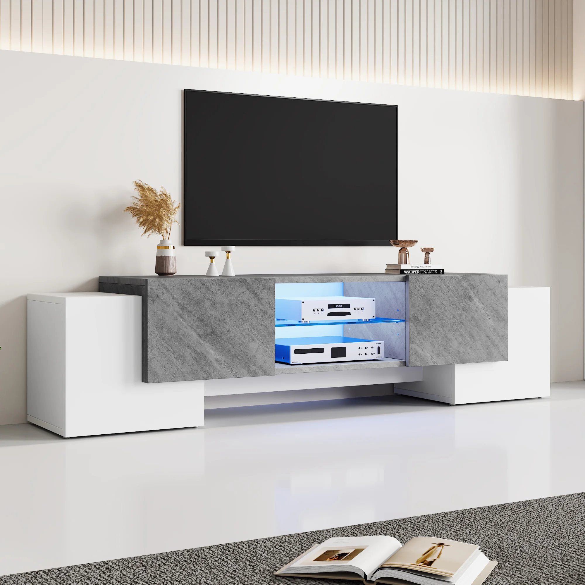 Mobile TV semplice bianco e grigio 180 * 40 * 46,5 cm, mobile TV lowboard adatto per mobili TV da soggiorno con TV da 60/65/70 pollici