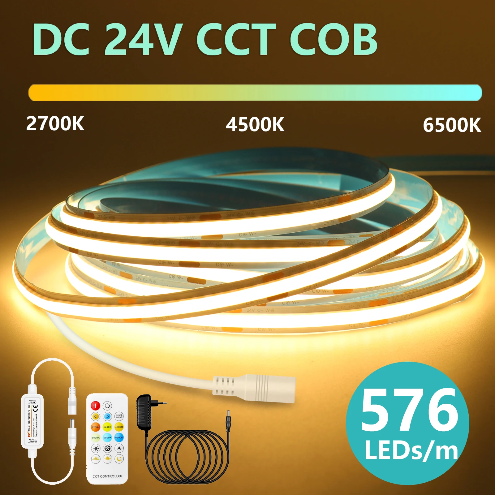 CCT COB LED-Streifen 24 V 576 LEDs/m Flexibles Band WW NW CW 2700–6500 K dimmbare lineare Beleuchtung mit Fernbedienung EU/US/UK/AU-Set Image