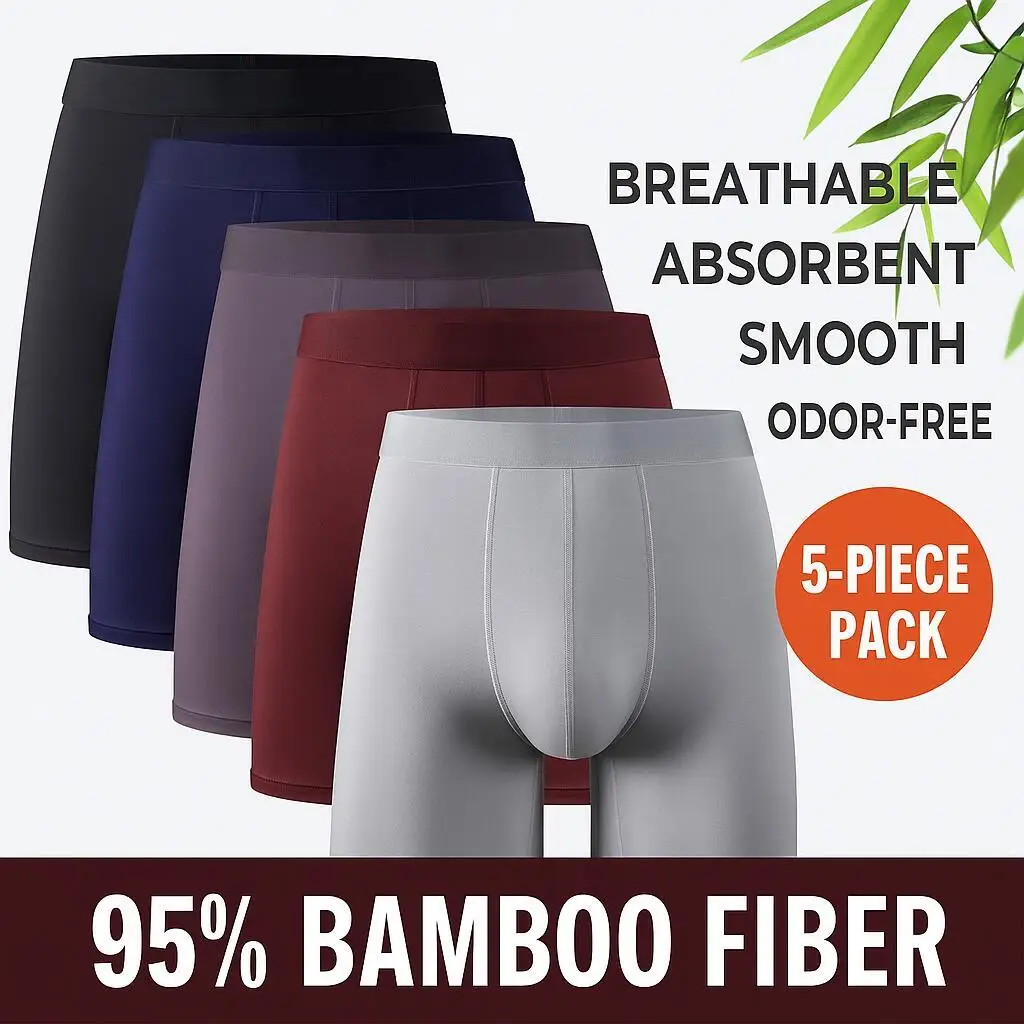 5 Stück 95 % Bambusfaser 5 % Spandex Herren-Boxershorts mit langem Bein, klassisches Design, Comfortflex-Bund, Unterwäsche für Herren, Sport, Übergröße Image