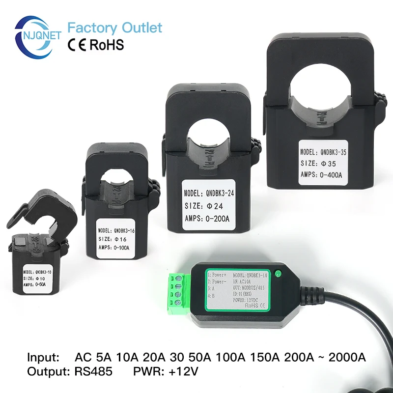Trasduttore di corrente split core Modbus QNDBK3-16 Ac 10A 20A 50A 100A 200A Uscita RS485 Morsetto Ct Sensore trasformatore di corrente digitale