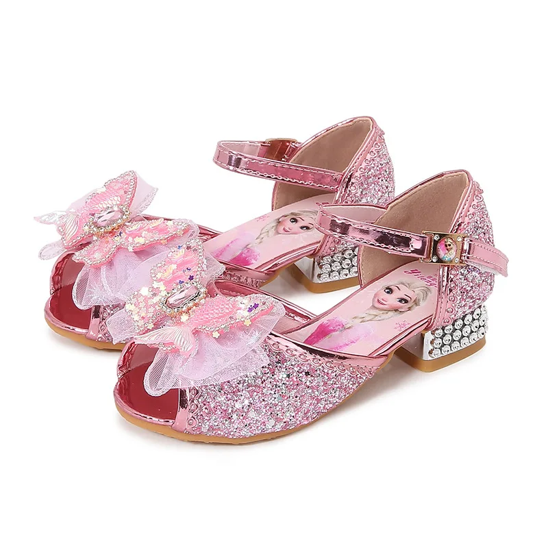 Disney Cartoon Mädchen Freizeitschuhe Kinder Schuhe mit hohen Absätzen Elsa Prinzessin Frozen Cartoon Schleife Lederschuhe Größe 24-37