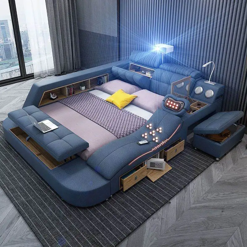 Tech Cloth Modernes Tatami-Doppelbett, elektrisches Massagegerät, multifunktionaler intelligenter Bettrahmen, King-Size-Rahmen, Stauraum, Schlafzimmermöbel