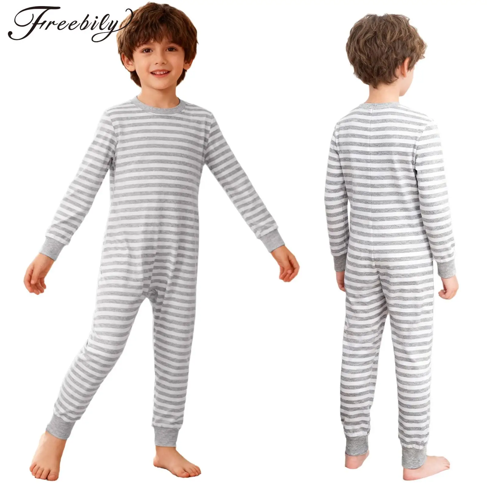 Adaptive Kleidung für Kinder mit besonderen Bedürfnissen, langärmelig, in voller Länge, Anti-Streifen-Reißverschluss hinten, gestreifter Overall, Nachtwäsche für Jungen und Mädchen Image