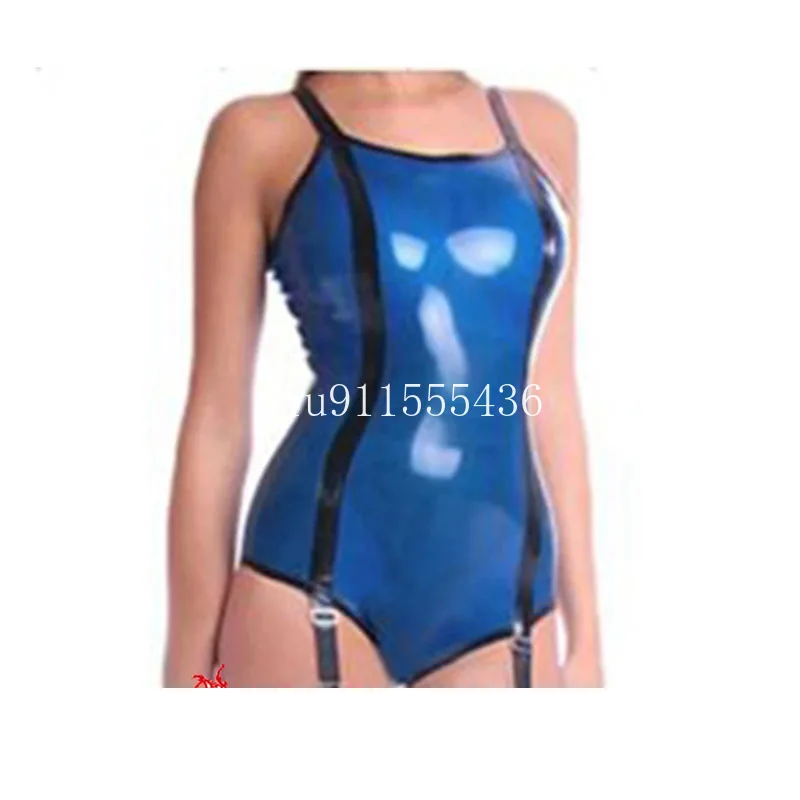 Sexy Damen-Badeanzug aus blauem Latex, ärmellos, Gummi-Bodysuit, Overall Image