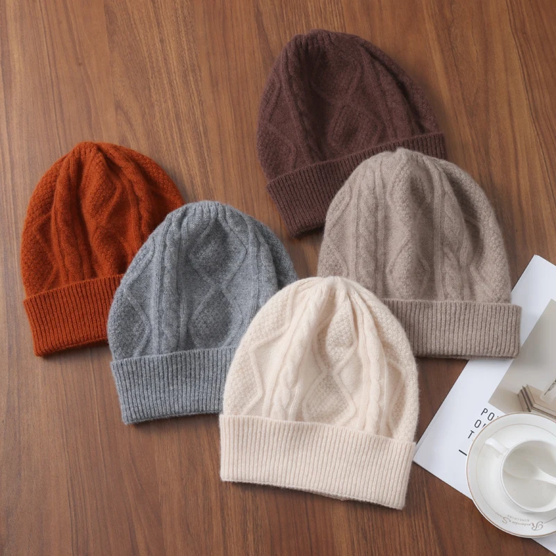 Damen-Strickmütze aus 100 % Merinowolle, Rautenmuster, warm, weich, Y2K, Hip-Hop, Street-Style, einfarbig, Beanie, Totenkopfmütze