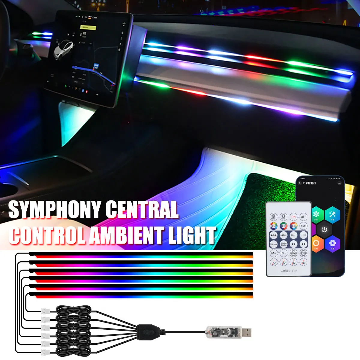 KEVANLY Auto-Umgebungslichter, 10-in-1, Fußraum, universelle RGB-Atmosphärenlampen, USB-APP-Fernbedienung, Zigarettenanzünder für Tesla Model 3 Y S X Image