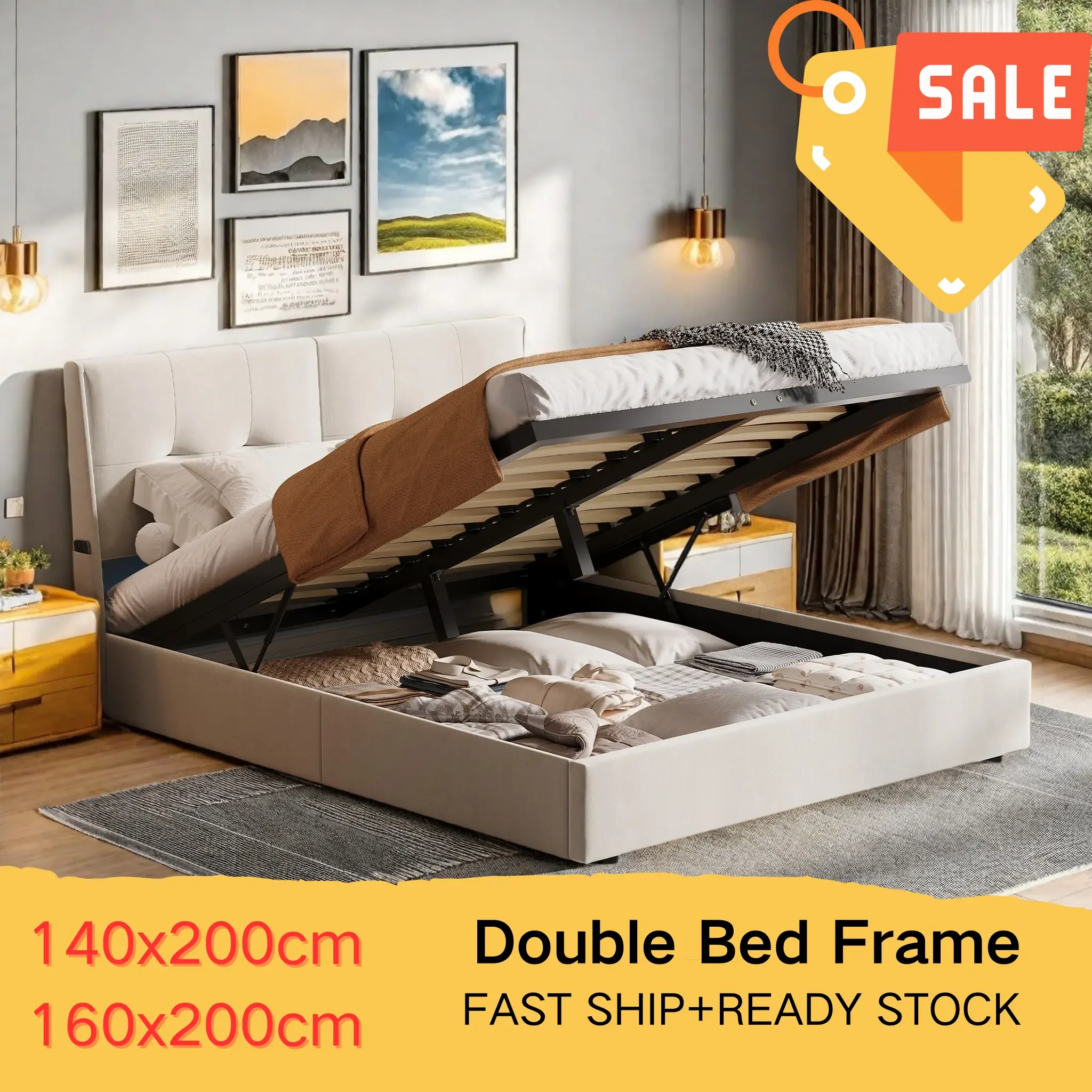 Letto idraulico 140 x 200 cm, letto matrimoniale imbottito con contenitore, letto con contenitore, letto contenitore, letto per ragazzi, struttura letto con rete a doghe e box letto, senza materasso,