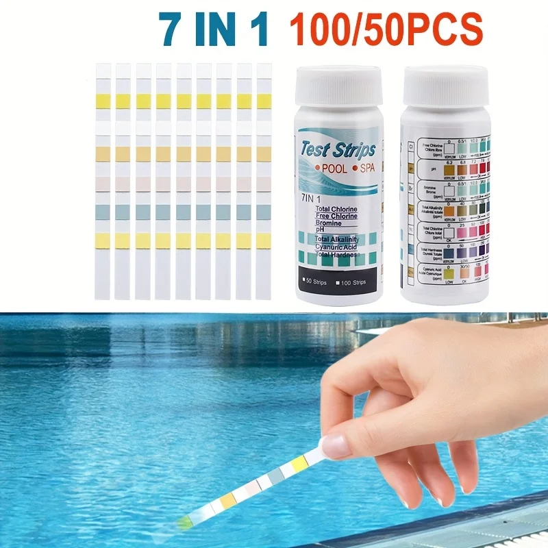 7-in-1 50/100 Stück Schwimmbad PH-Teststreifen Chlorwert Alkalität Härte Teststreifen PH-Messgerät Aquarium Poolreiniger Tester Image