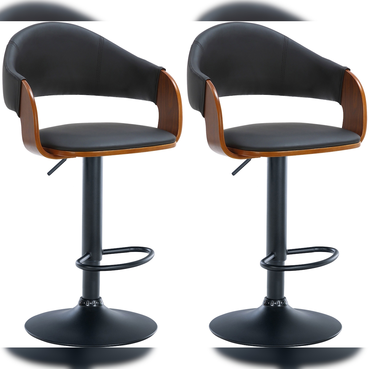 DELUKE 2er Set Barhocker BOROS - Kunstleder Walnuss/schwarz 50x49x89 cm Schwarz Schwarz | Barstuhl Höhenverstellbar Mit Lehne Drehbar Tresenhocker Image