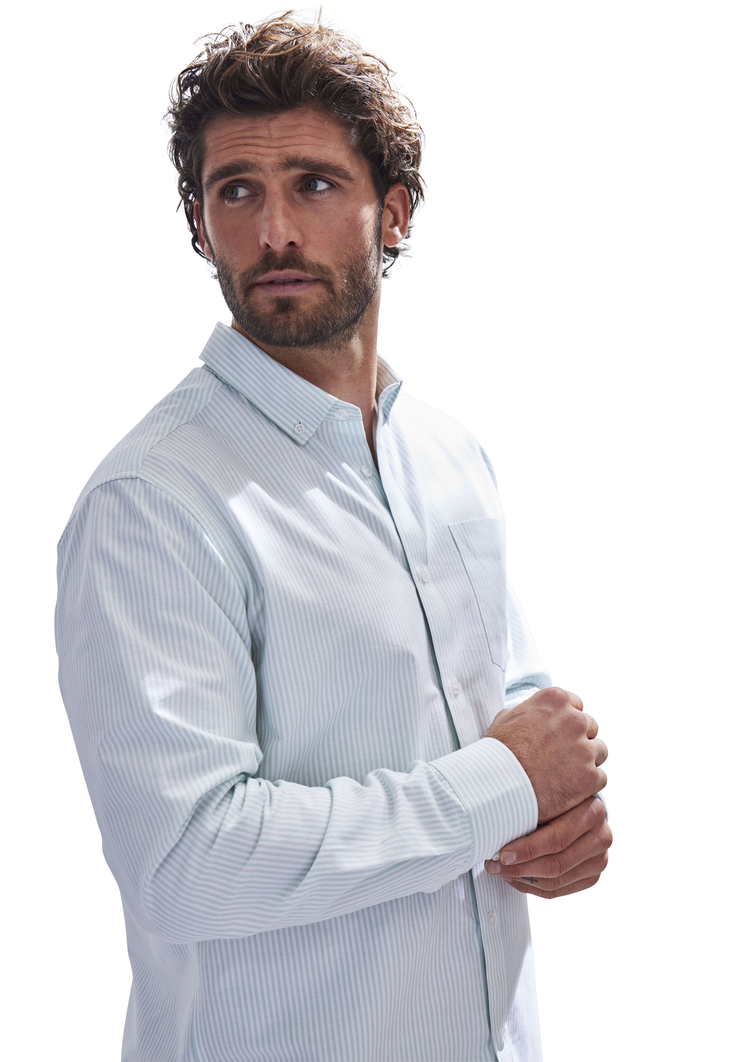 Langarmhemd H.I.S "Regular-fit", Herren, Gr. XXL (45/46), N-Gr, hellgrün, weiß, Web, Obermaterial: 100% Baumwolle, regular fit, Rundhals, Manschette, Hemden, Oxfordhemd langarm mit Button-down-Kragen aus reiner Baumwolle