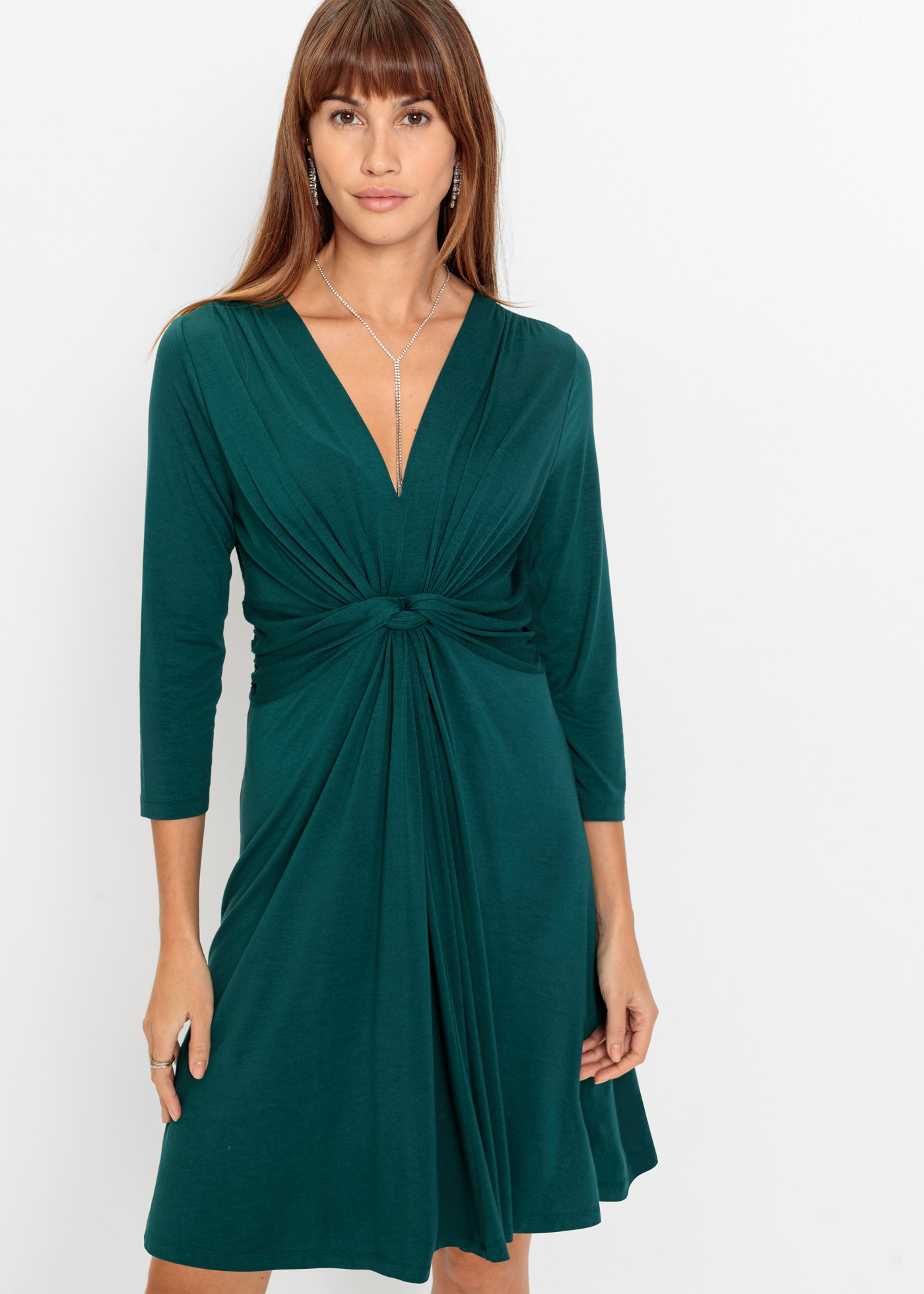 Jerseykleid BONPRIX "Jerseykleid in fließendem Viskose-Mix", Damen, Gr. 52/54 (XXL), N-Gr, blau (petrolgrün), Obermaterial: 95% Viskose, 5% Elasthan, ausgestellt, Kleider Jerseykleid, für Alltag, aus Viskose-Mix, ausgestellte Passform, 3/4-Ärmel