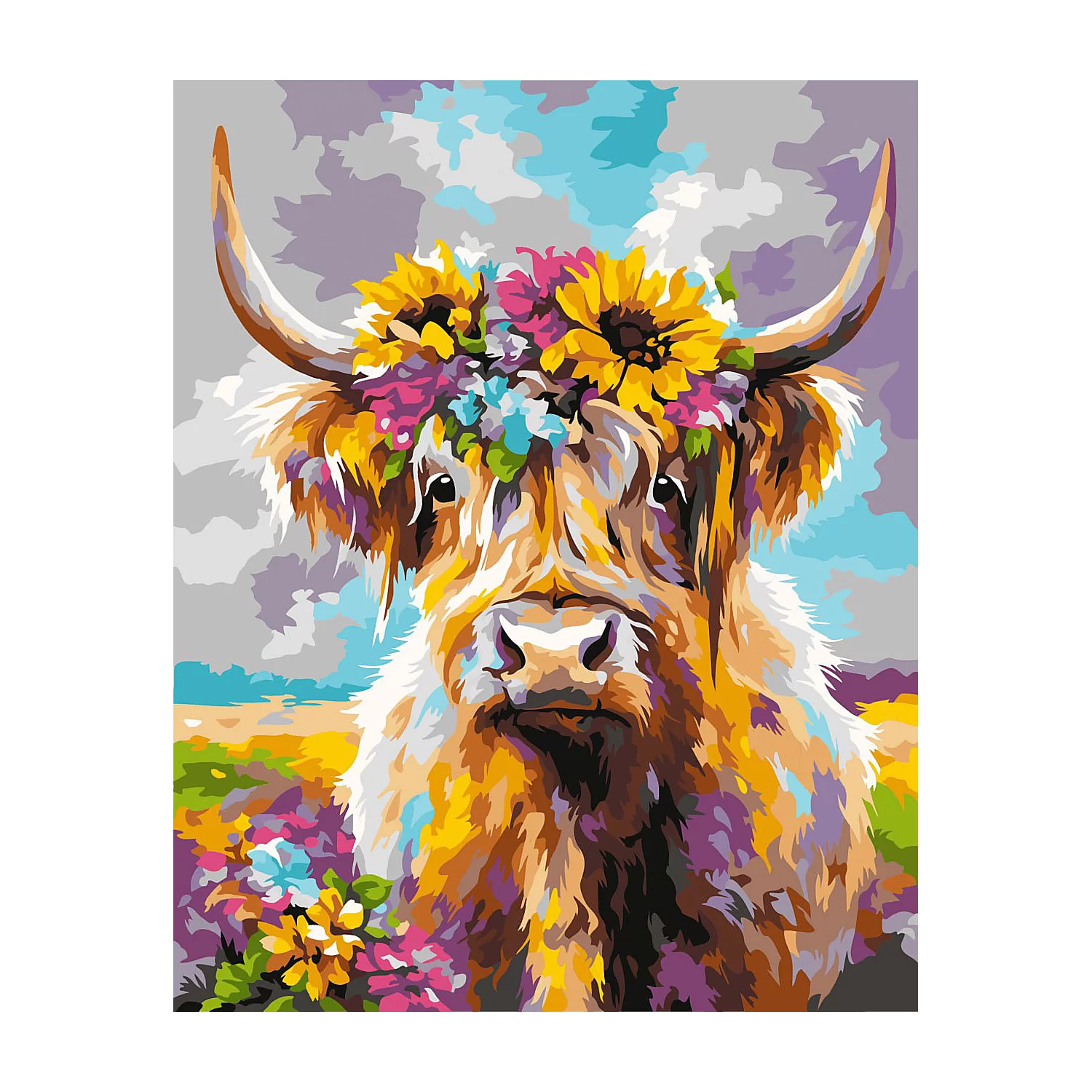 Malen nach Zahlen auf Leinwand Hochlandrind mit Blumen, 50 x 40 cm Image