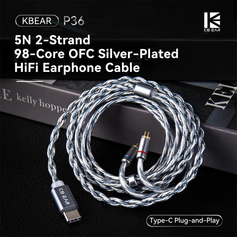 KBEAR P36 5N 2 fili 98 core OFC placcato argento cavo per auricolari HiFi tipo C spina 0,78 mm 2 pin aggiornamento cavo HiFi per cuffie