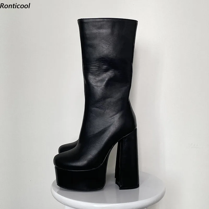 Ronticool Handgemachte Damen Plateau Winter Mittelkalb Stiefel Quadratische High Heels Runde Zehen Schwarz Stilvolle Schuhe Damen US Größe 5-15