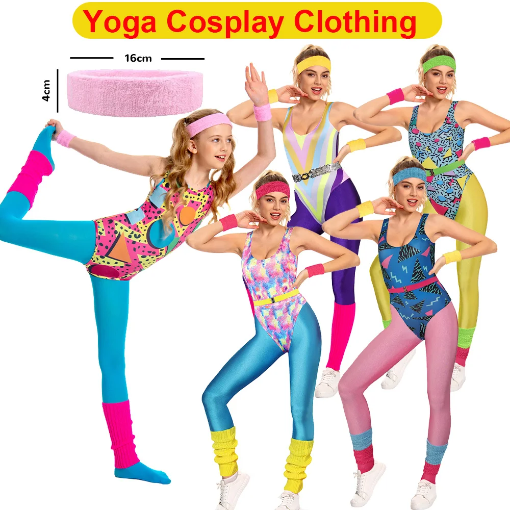 Yoga Sportswear Fitness Cosplay Overall Stirnband Kostüm 80er 90er Kinder Erwachsene Fit Kleidung Outfits Halloween Karneval Party Anzug Image