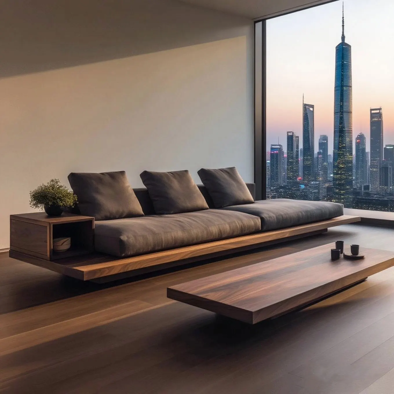 Neue Sofa-Couchtisch-Kombination aus massivem Holz im chinesischen Stil, Bett- und Frühstücksbüro, modern, schlicht, leicht, luxuriös, schwarze Walnuss-Esche Image