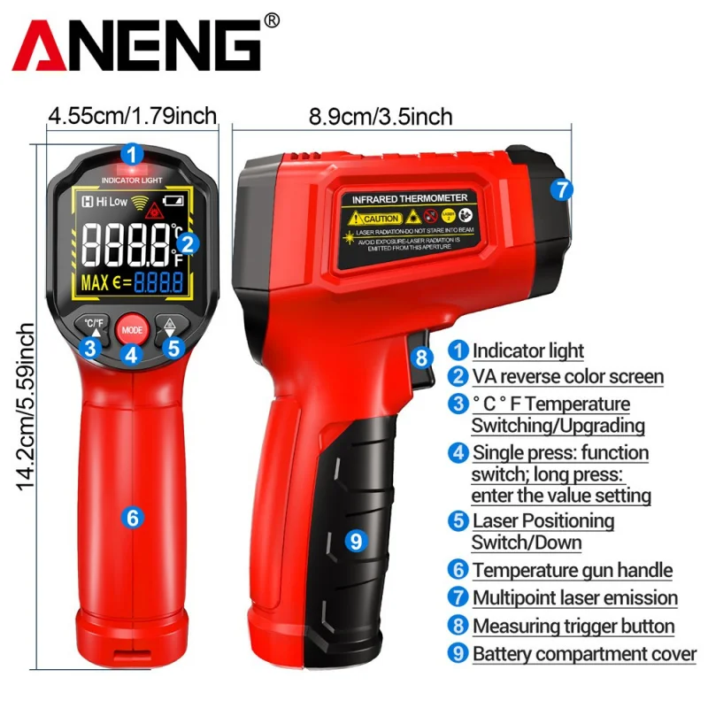 Termometro a Infrarossi ANENG TH203 -50~600 ℃ Termometro Digitale Senza Contatto, Pirometro, Tester IR, Igrometro, Strumento Industriale