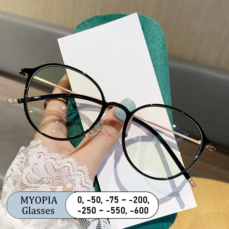 Künstlerisches Markendesign für Damen, runder Titanrahmen, Anti-Blaulicht-Rezept, individuelle Myopie-Brille, Schatten, photochrom, 0 bis 600 Image