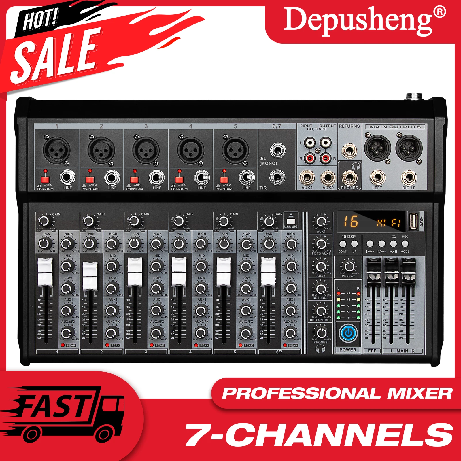 Audio Mixing Console Mixer Professioneller Audio 7-Kanal-Soundmixer für Live-Streaming DJ Audio-Ausrüstung Image