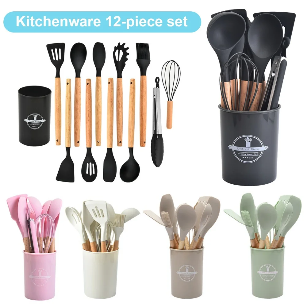Ensemble d'ustensiles de cuisine 12 pièces, ustensiles de cuisine résistants à la chaleur avec support, ensemble de spatules antiadhésives, spatule cuillère brosse fouet fournitures de cuisine