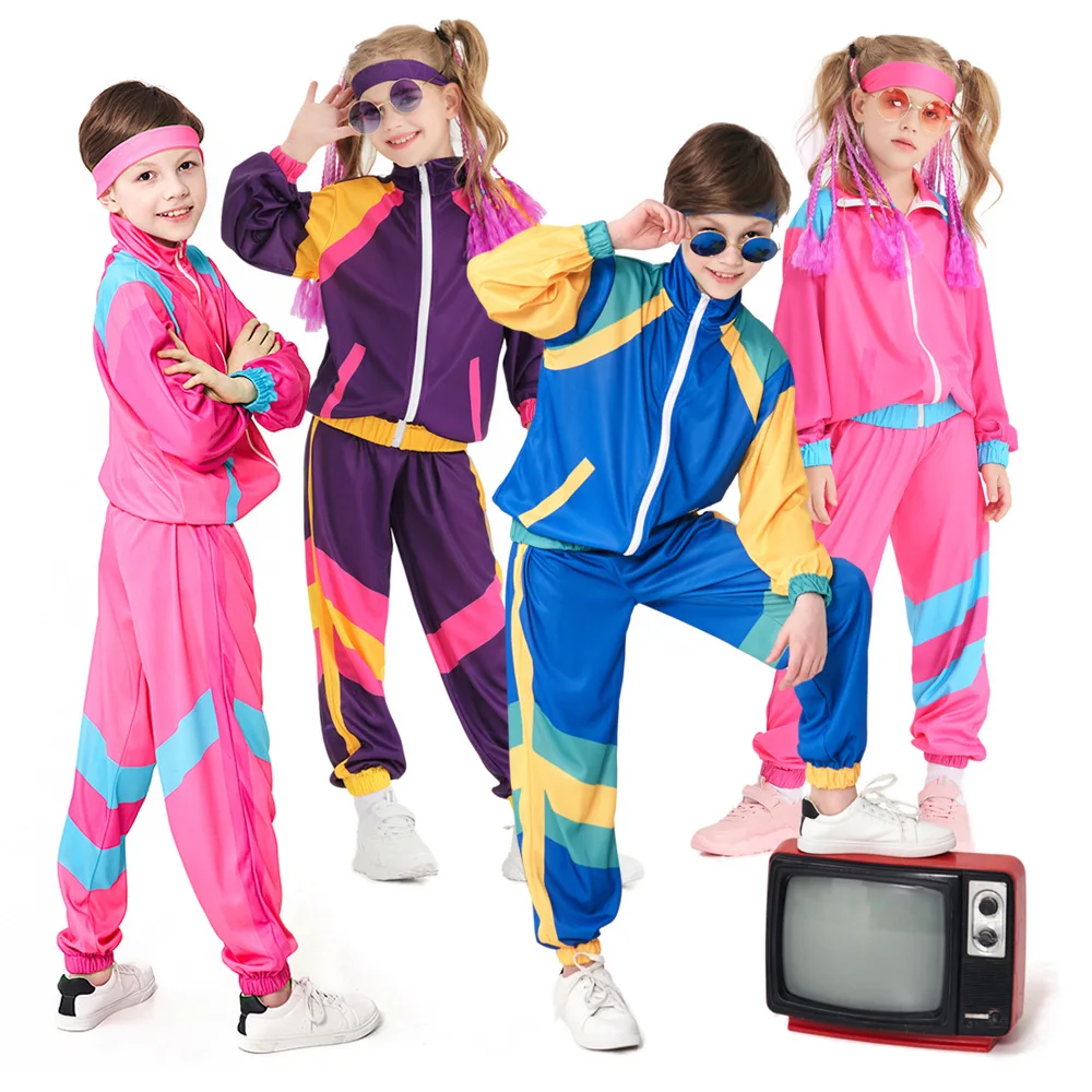 Kinder Hippie Fantasia 80er 90er Jahre Kostüm Kinder Disco Party Cosplay Jungen Mädchen Hip-Hop Karneval Vintage Rock Jacke Hose Halloween