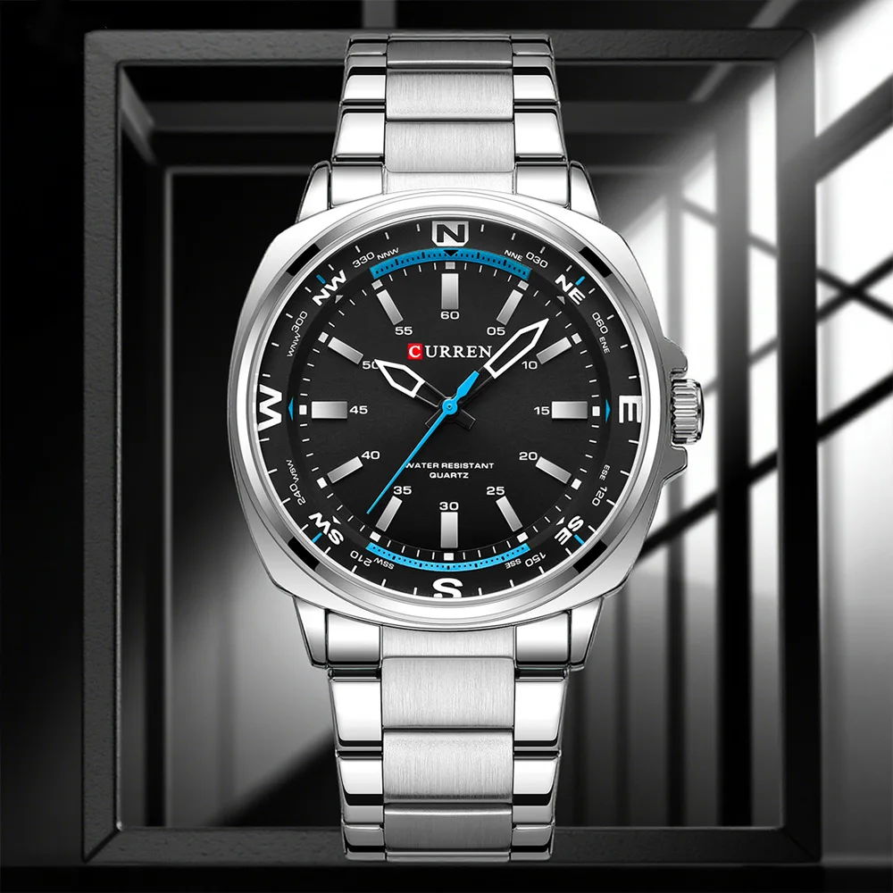 CURREN Minimalistische quadratische Uhr mit Edelstahlband, schwarzes Zifferblatt und blauer Sekundenzeiger-Armbanduhr für Herren Image