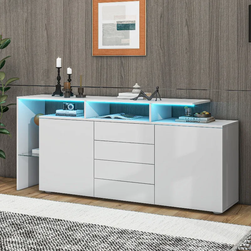 Commode, buffet avec éclairage LED, meuble de salon en blanc brillant, meuble haut, meuble polyvalent