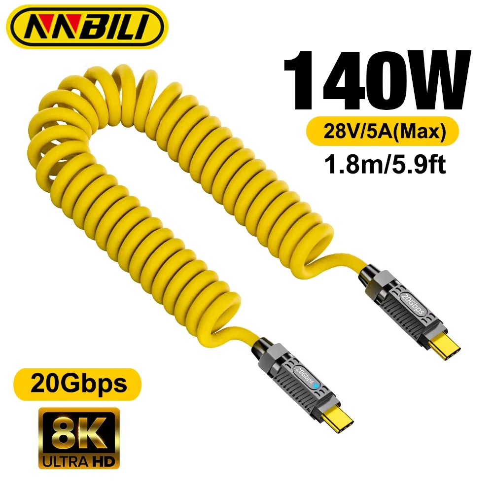 NNBILI USB 3.2 Gen2 Typ C auf USB C Stecker/Buchse Federkabel für iPhone 15 16 Pro Max Samsung 8K@60HZ PD 140W 5A Schnelles Datenkabel Image