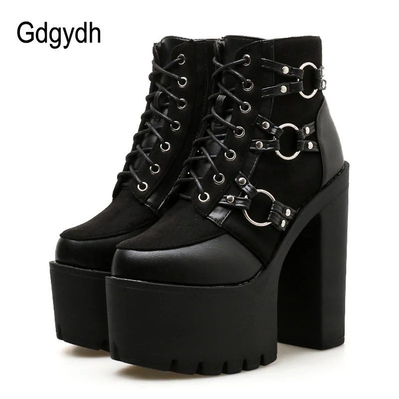 Gdgydh Frühling Herbst Mode Motorrad Stiefel Frauen Plattform Heels Casual Schuhe Schnürung Runde Kappe Schuhe Damen Herbst Stiefel Schwarz